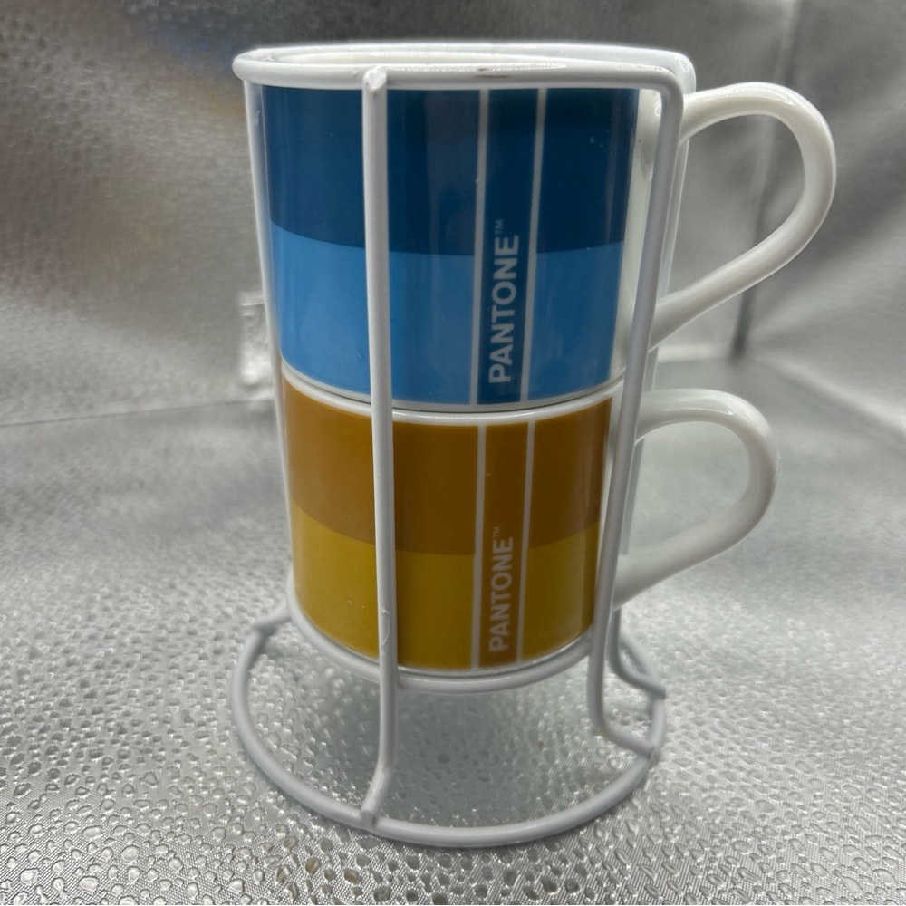 Set of 2 Pantone Stacking Coffee / Tea Blue & Orange Mugs w/ Stand Italy